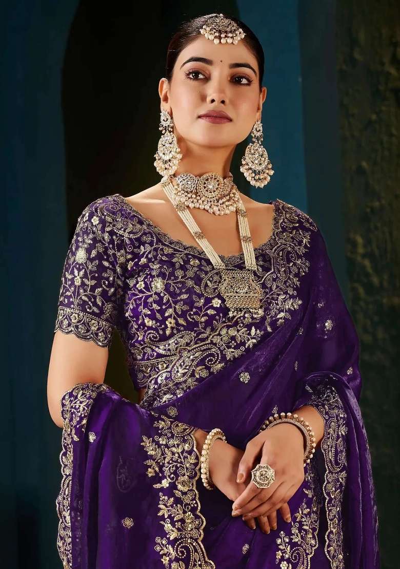 Purple Butta Work Satin Saree Set - Indya