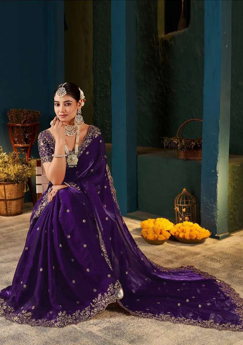 Purple Butta Work Satin Saree Set - Indya