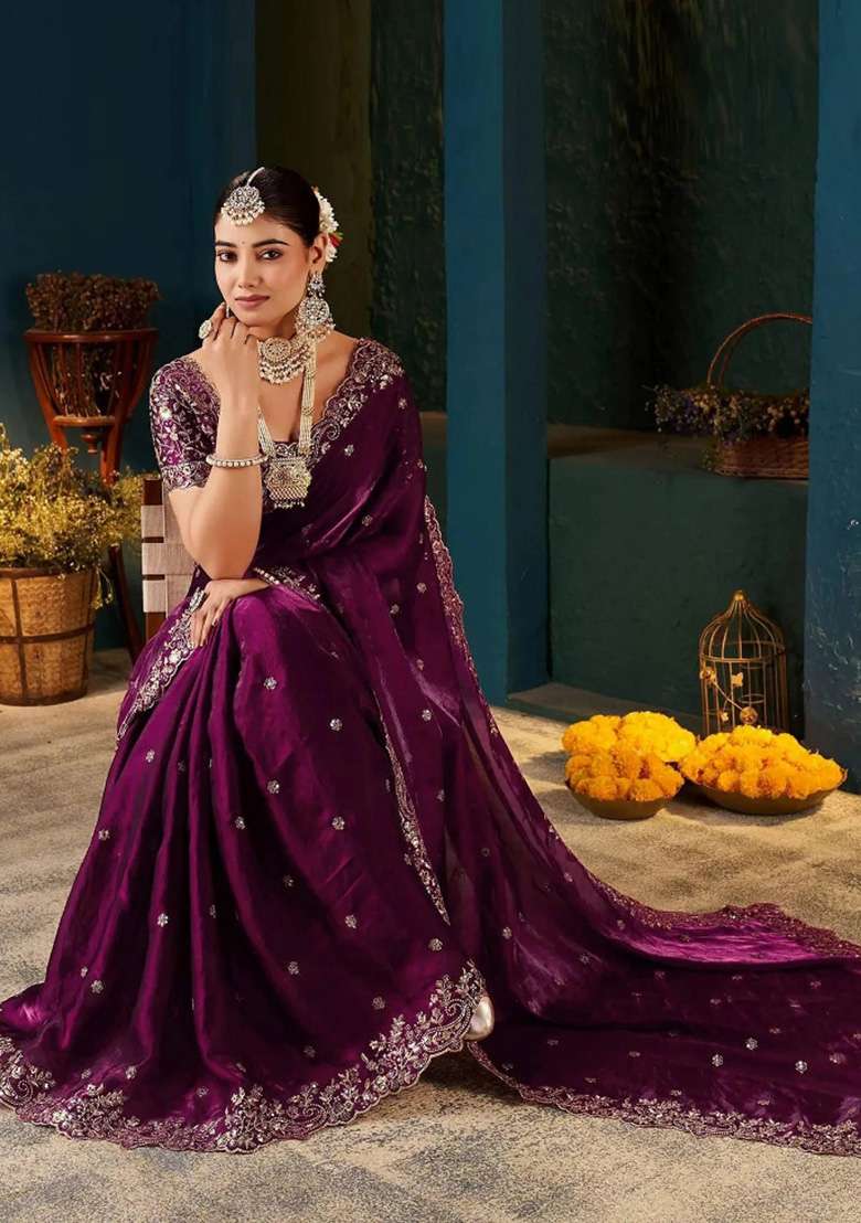 Wine Butta Work Satin Saree Set - Indya