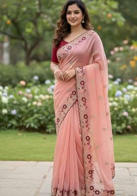 Peach Butta Work Chiffon Saree Set