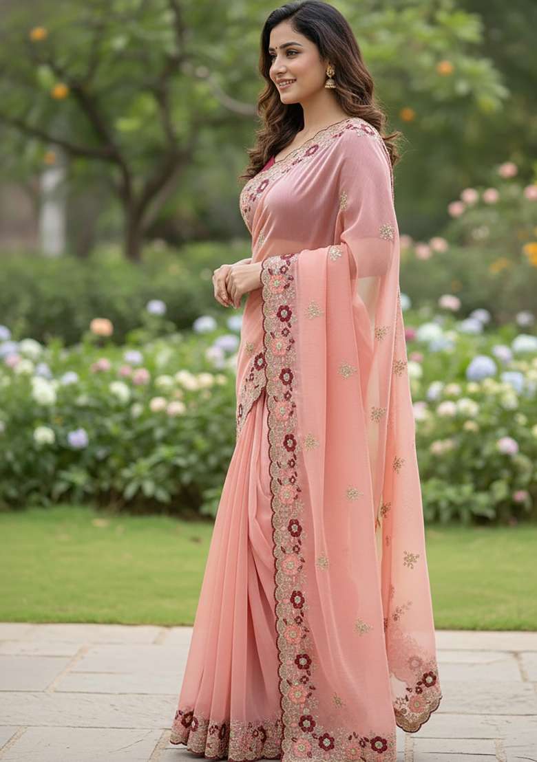Peach Butta Work Chiffon Saree Set - Indya