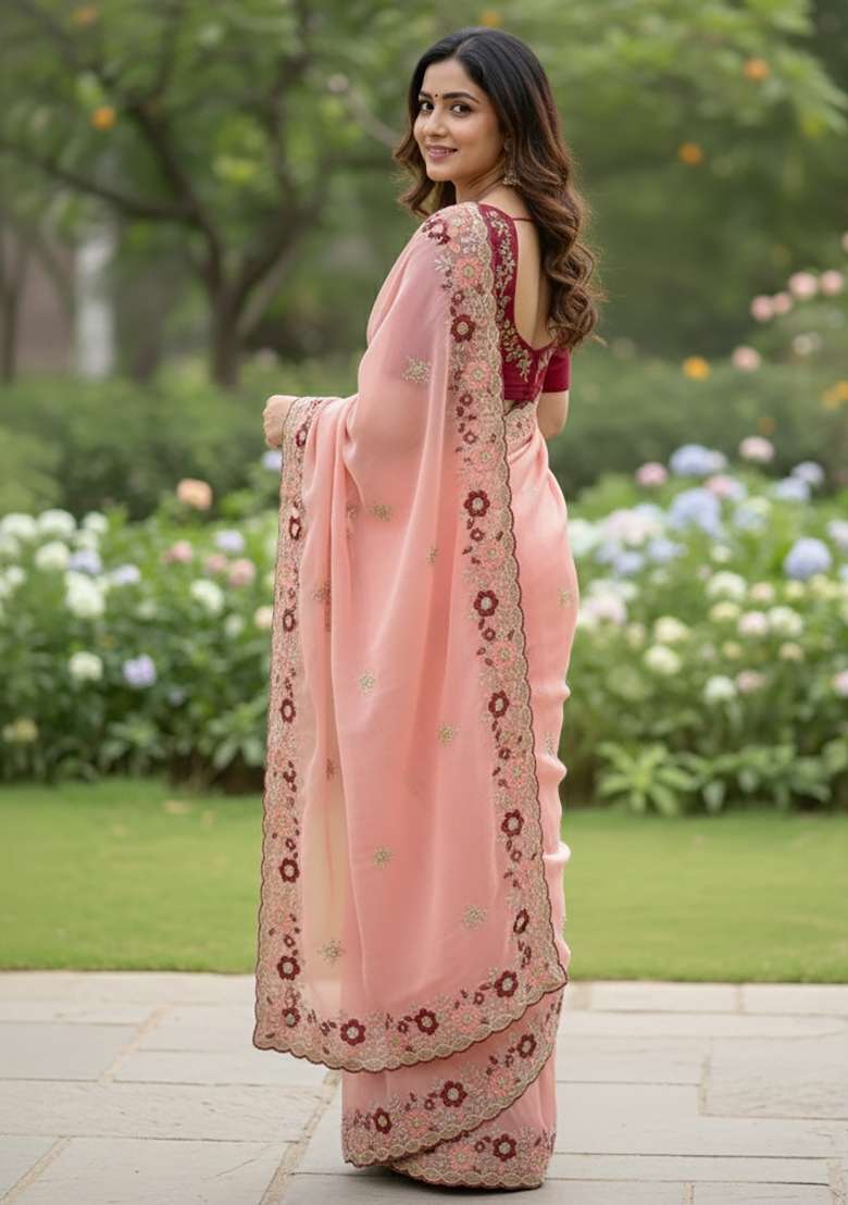 Peach Butta Work Chiffon Saree Set - Indya