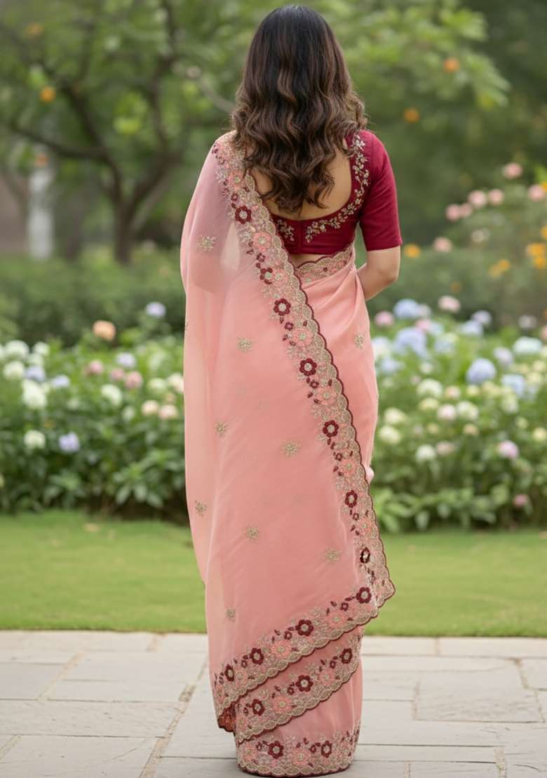 Peach Butta Work Chiffon Saree Set - Indya