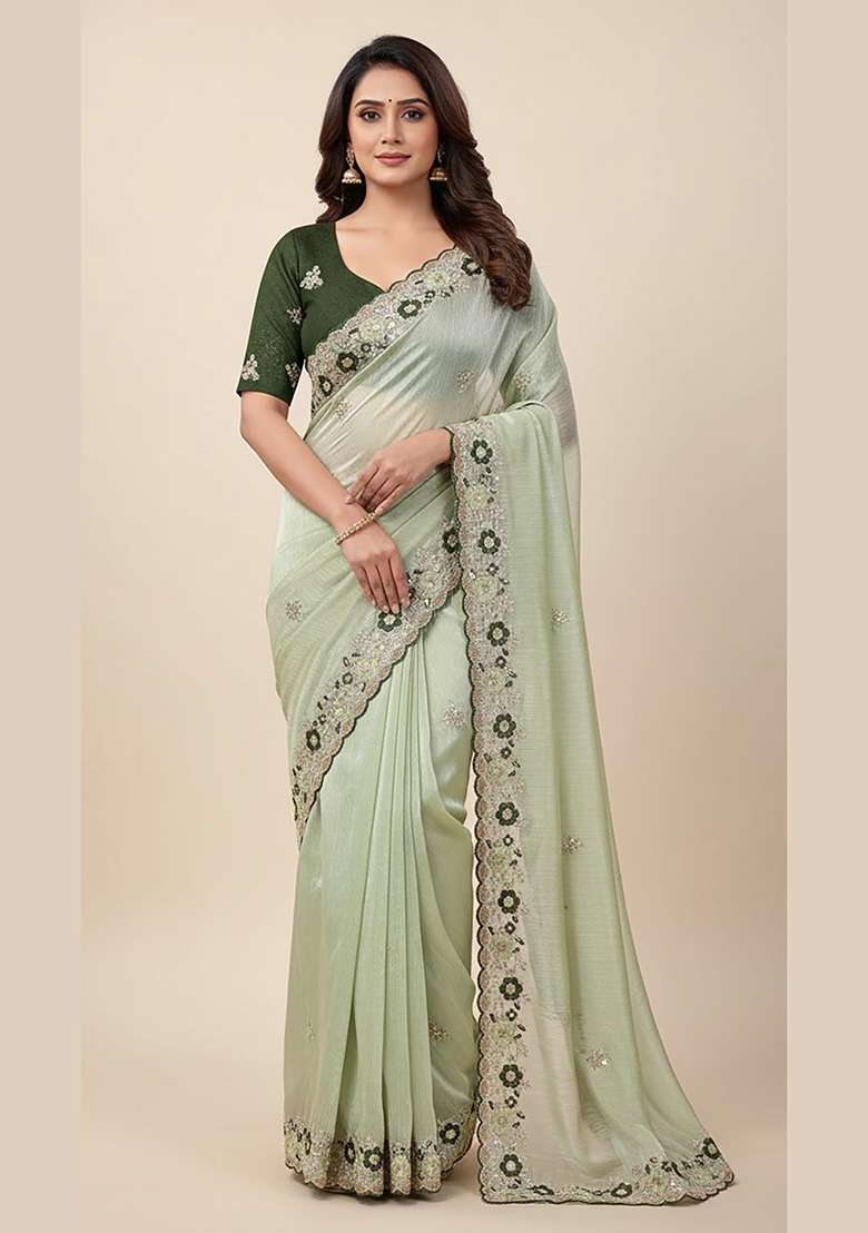 Pista Green Butta Work Chiffon Saree Set - Indya