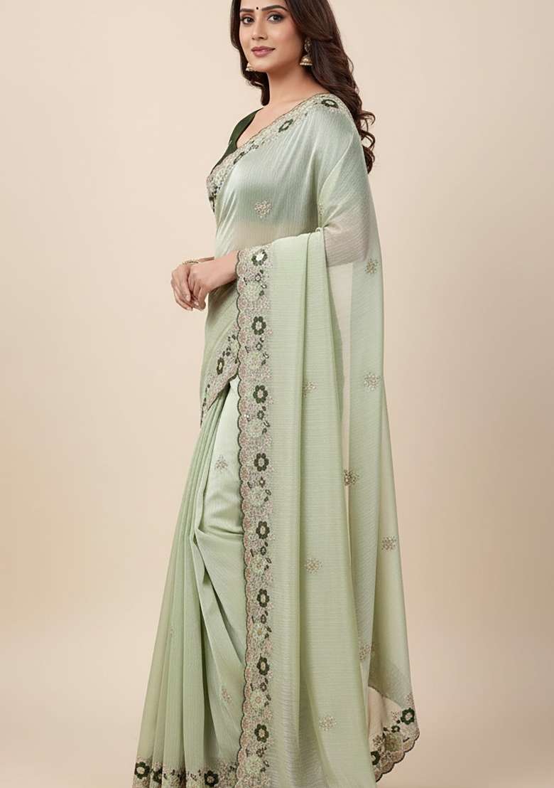 Pista Green Butta Work Chiffon Saree Set - Indya