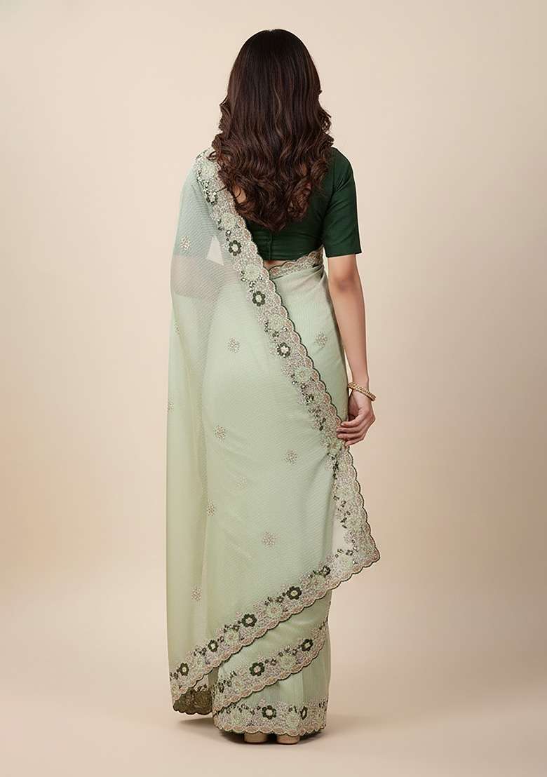 Pista Green Butta Work Chiffon Saree Set - Indya