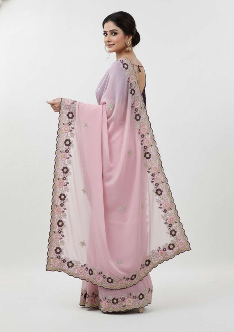 Baby Pink Butta Work Chiffon Saree Set - Indya
