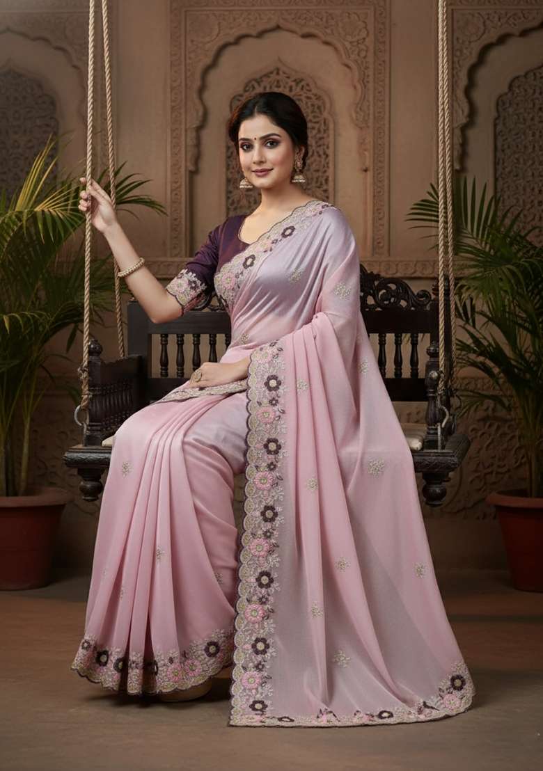 Baby Pink Butta Work Chiffon Saree Set - Indya