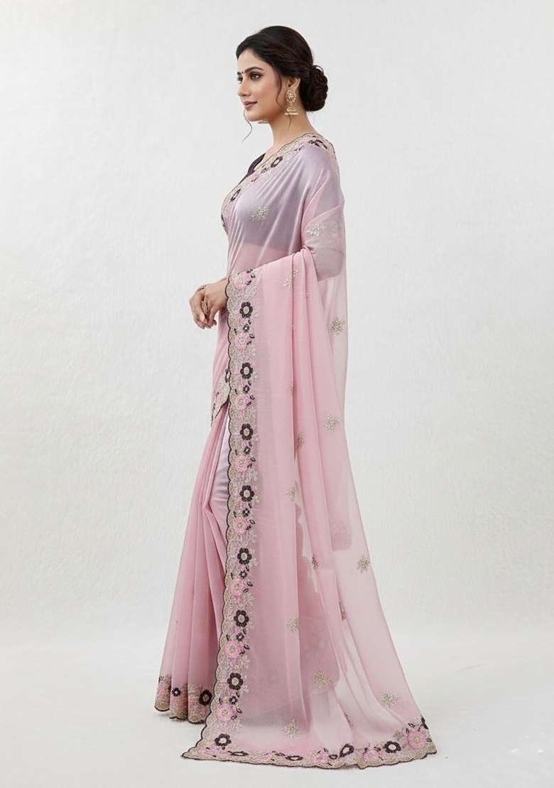 Baby Pink Butta Work Chiffon Saree Set - Indya