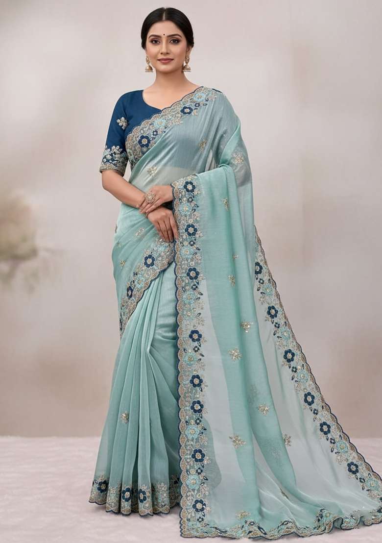 Sky Blue Butta Work Chiffon Saree Set - Indya