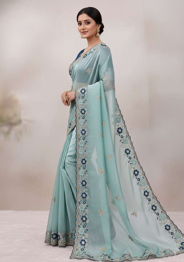 Sky Blue Butta Work Chiffon Saree Set - Indya