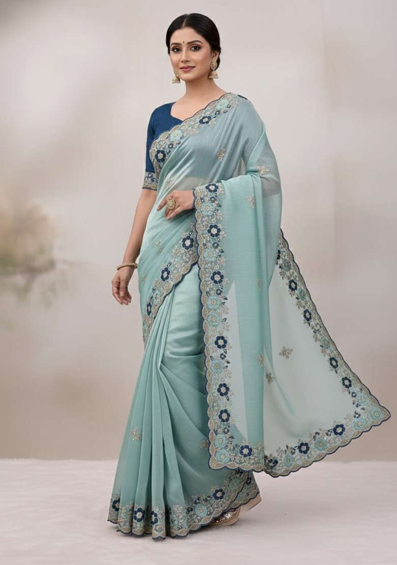 Sky Blue Butta Work Chiffon Saree Set - Indya