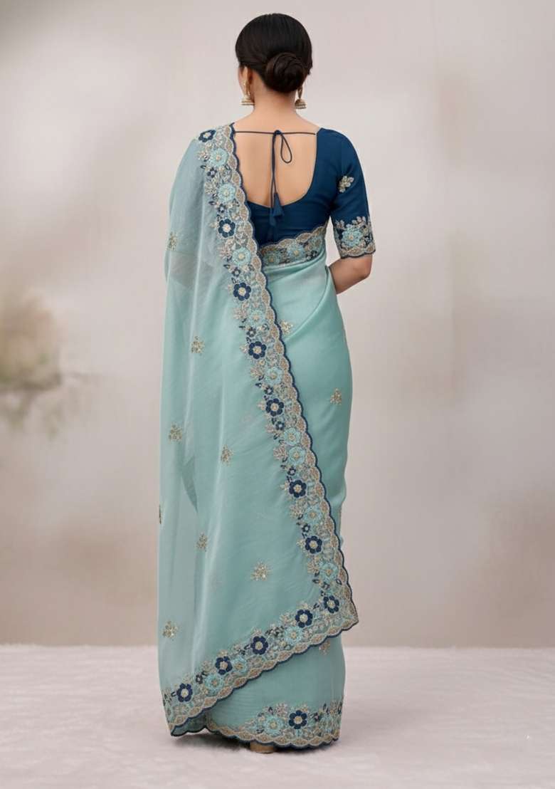 Sky Blue Butta Work Chiffon Saree Set - Indya