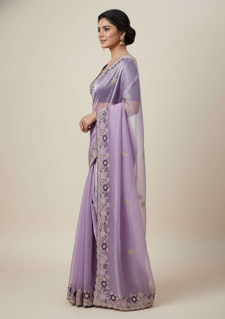 Lavender Butta Work Chiffon Saree Set - Indya