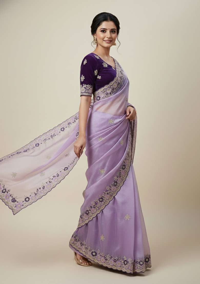 Lavender Butta Work Chiffon Saree Set - Indya