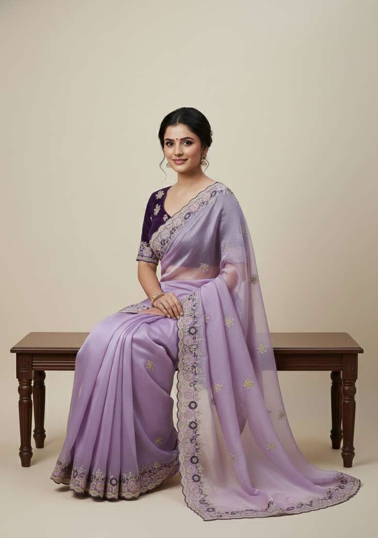 Lavender Butta Work Chiffon Saree Set - Indya