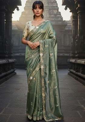 Olive Green Floral Print Gold Crush Saree Set