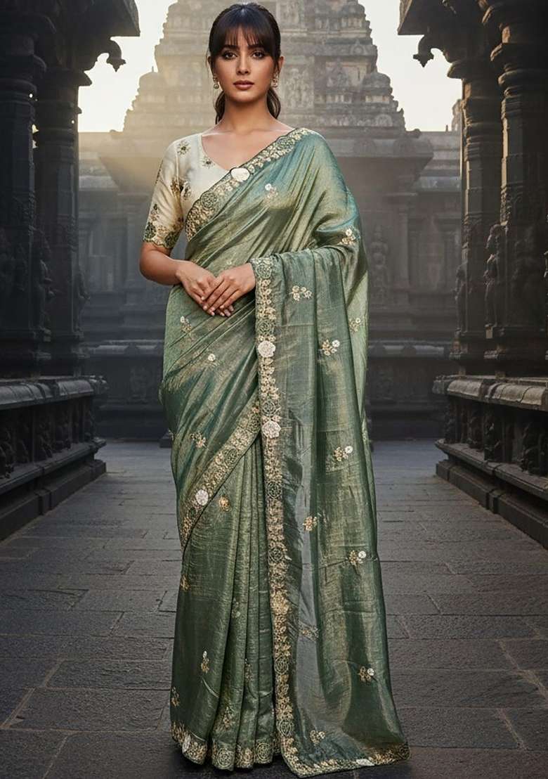 Olive Green Floral Print Gold Crush Saree Set - Indya