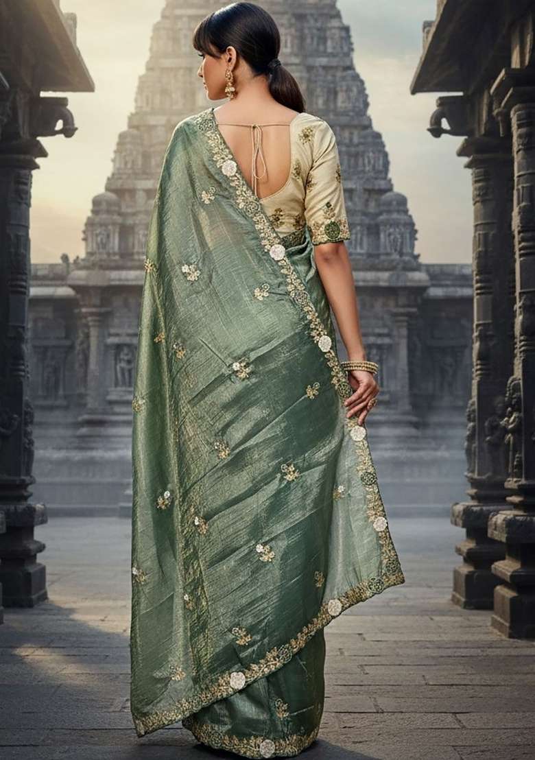 Olive Green Floral Print Gold Crush Saree Set - Indya