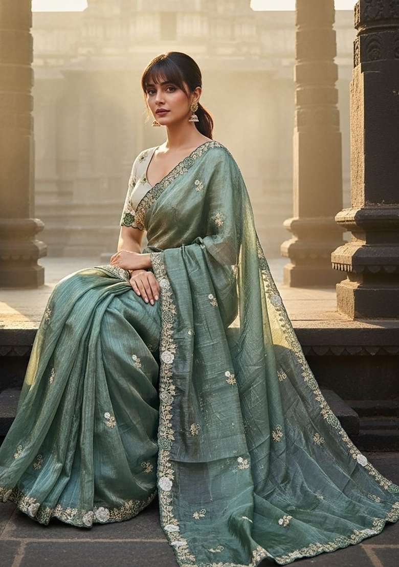 Olive Green Floral Print Gold Crush Saree Set - Indya
