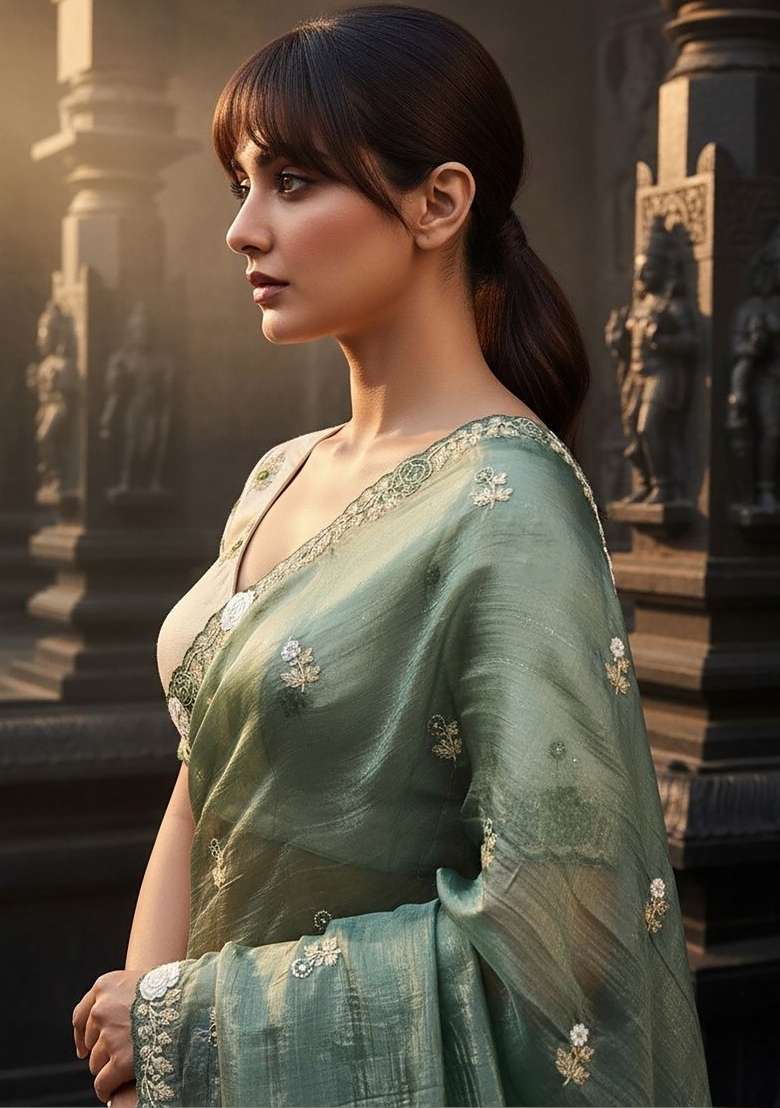 Olive Green Floral Print Gold Crush Saree Set - Indya