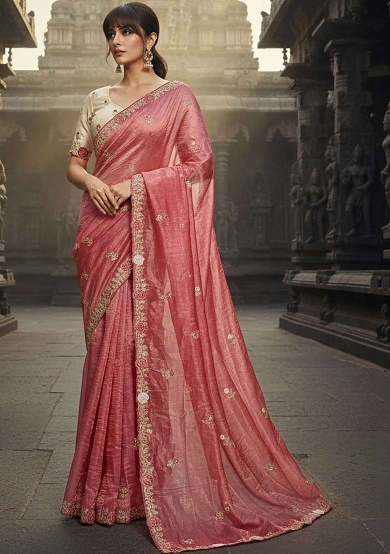 Onion Pink Floral Print Gold Crush Saree Set - Indya