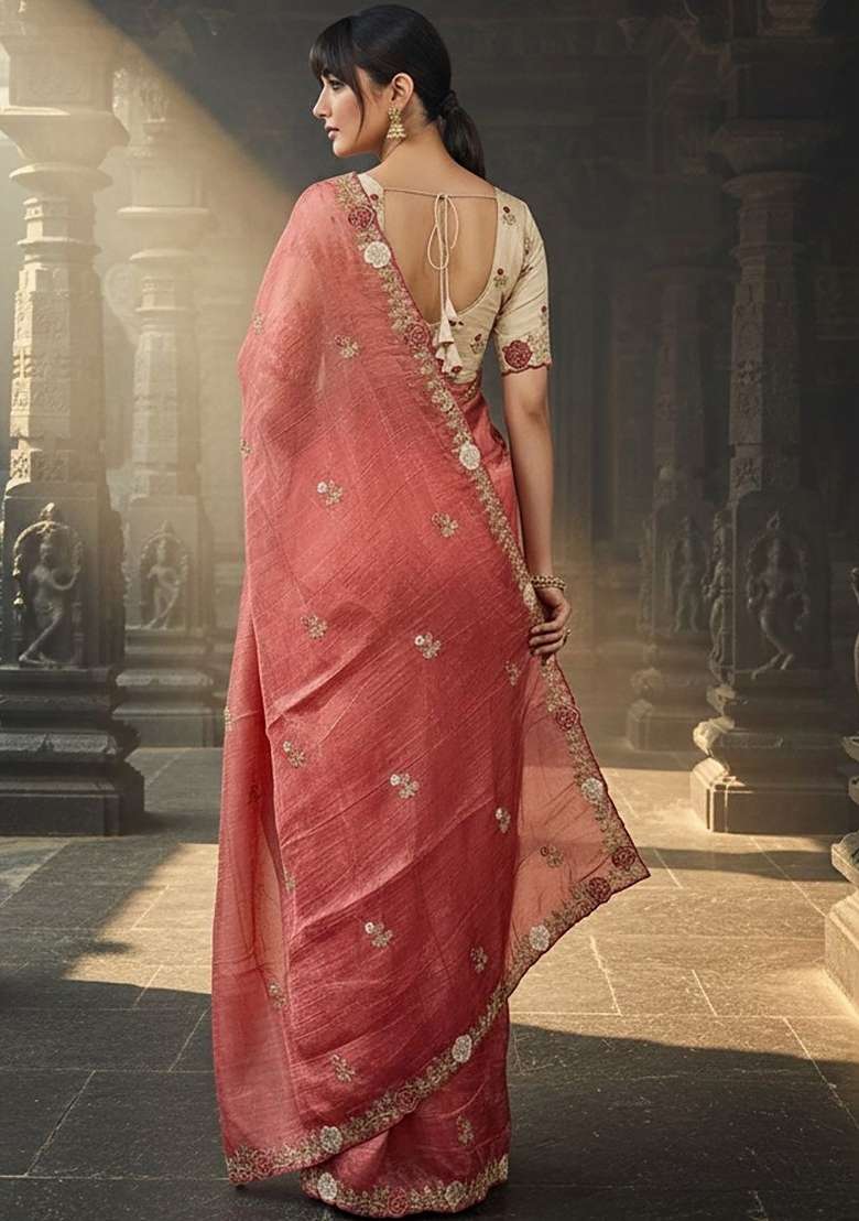 Onion Pink Floral Print Gold Crush Saree Set - Indya