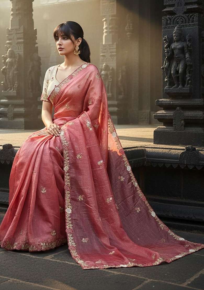 Onion Pink Floral Print Gold Crush Saree Set - Indya