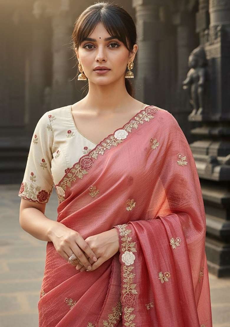 Onion Pink Floral Print Gold Crush Saree Set - Indya