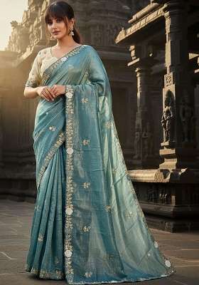 Slate Blue Floral Print Gold Crush Saree Set