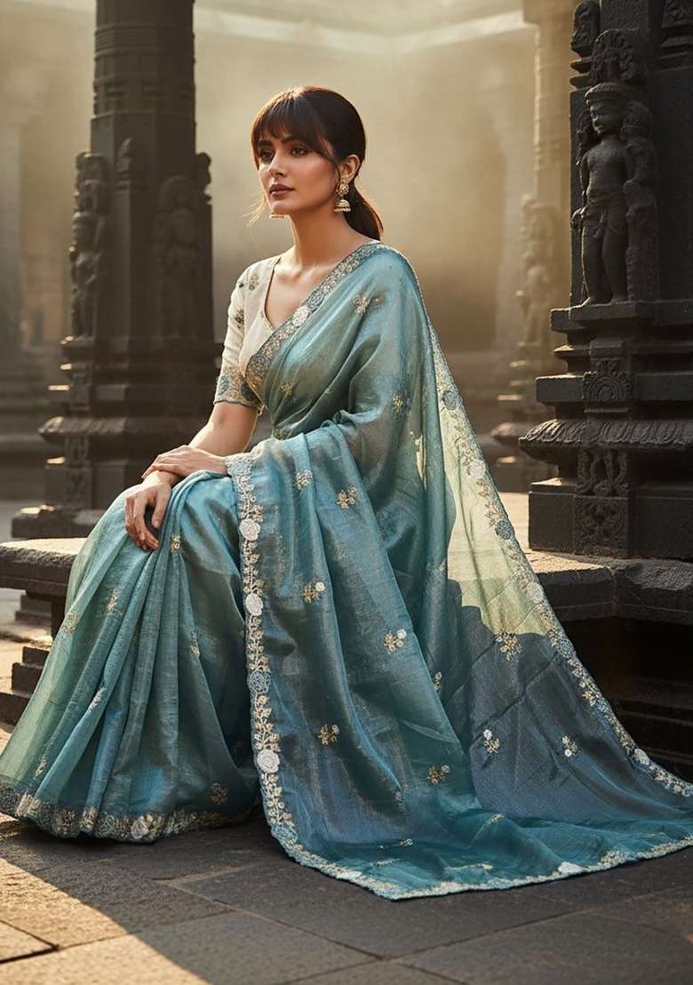 Slate Blue Floral Print Gold Crush Saree Set - Indya
