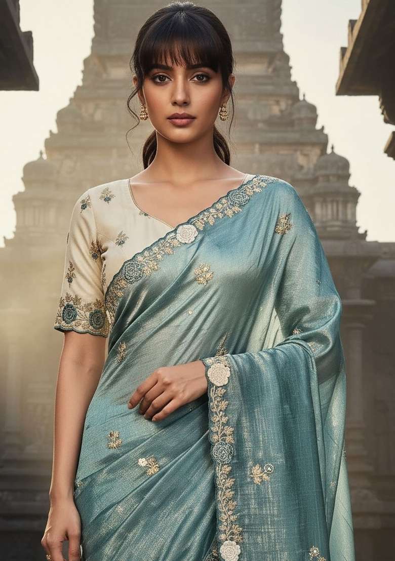 Slate Blue Floral Print Gold Crush Saree Set - Indya
