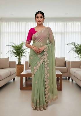 Pista Green Butta Work Chiffon Saree Set