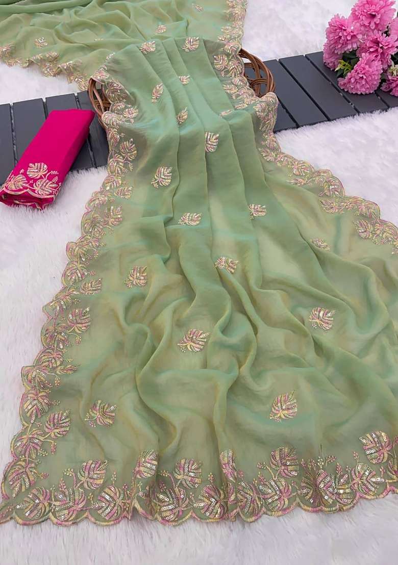 Pista Green Butta Work Chiffon Saree Set - Indya