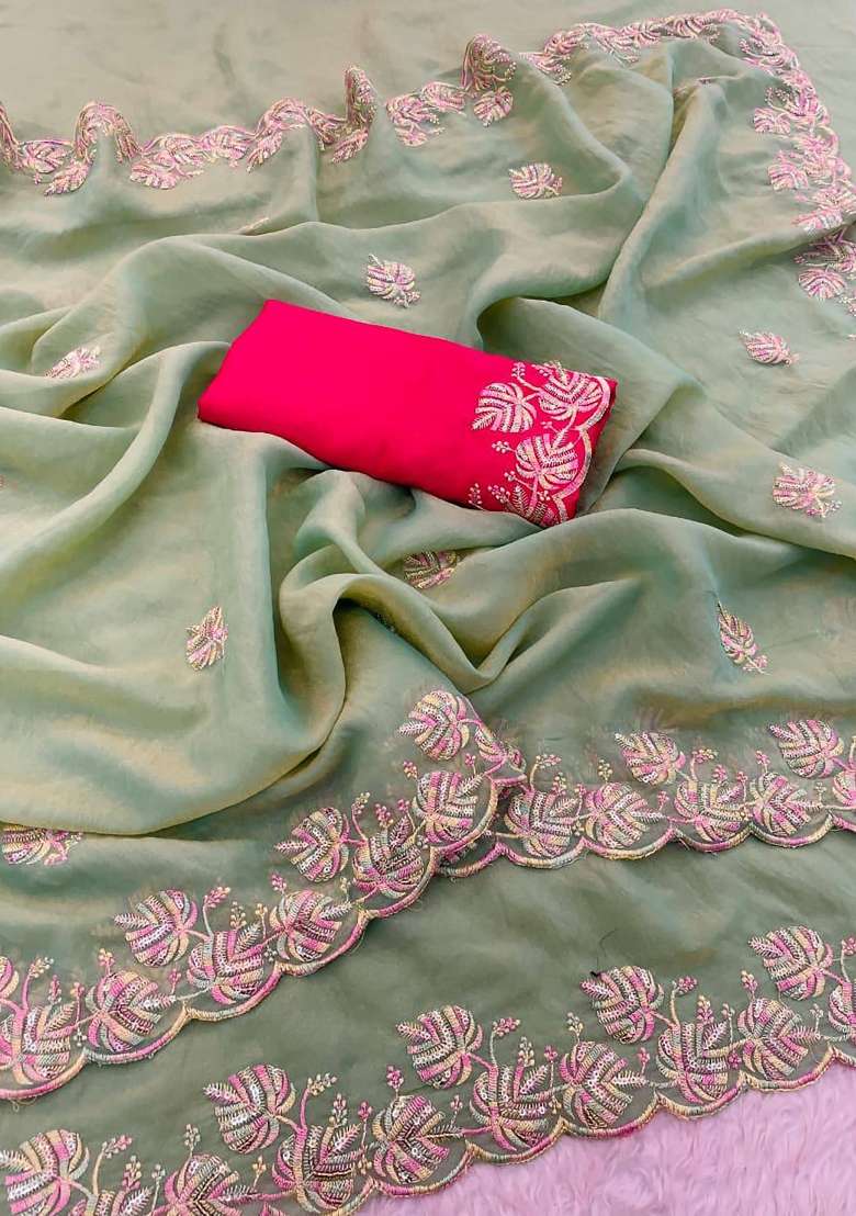 Pista Green Butta Work Chiffon Saree Set - Indya