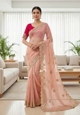 Peach Butta Work Chiffon Saree Set