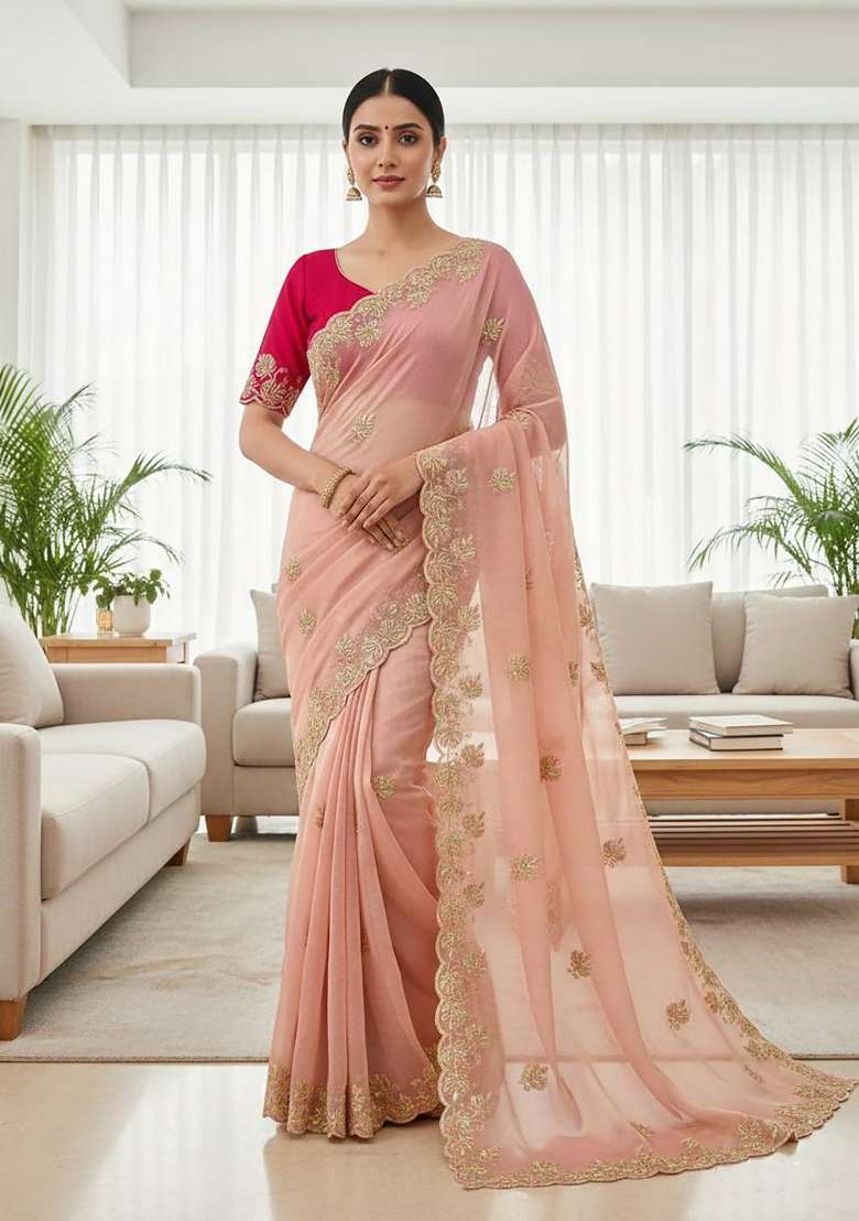 Peach Butta Work Chiffon Saree Set - Indya