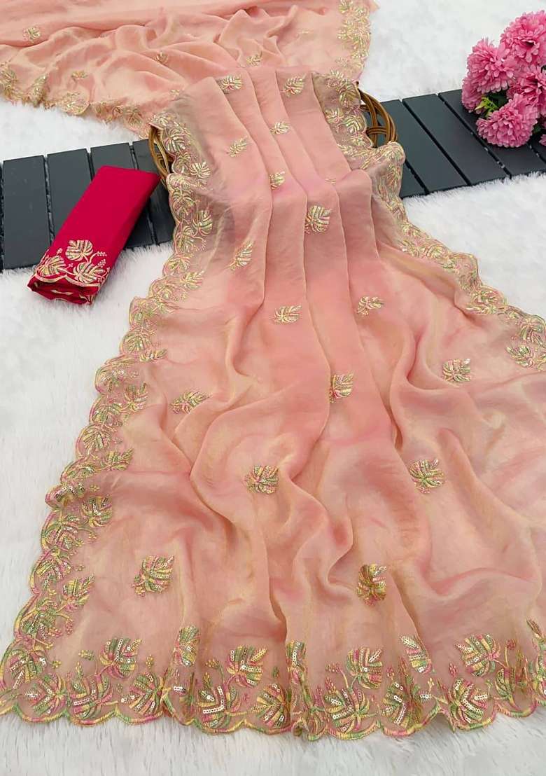 Peach Butta Work Chiffon Saree Set - Indya