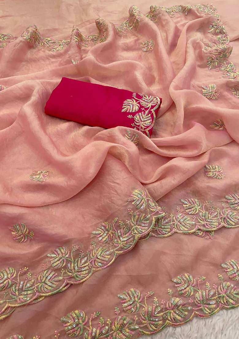 Peach Butta Work Chiffon Saree Set - Indya