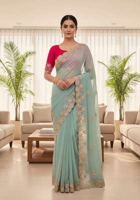 Sea Green Butta Work Chiffon Saree Set