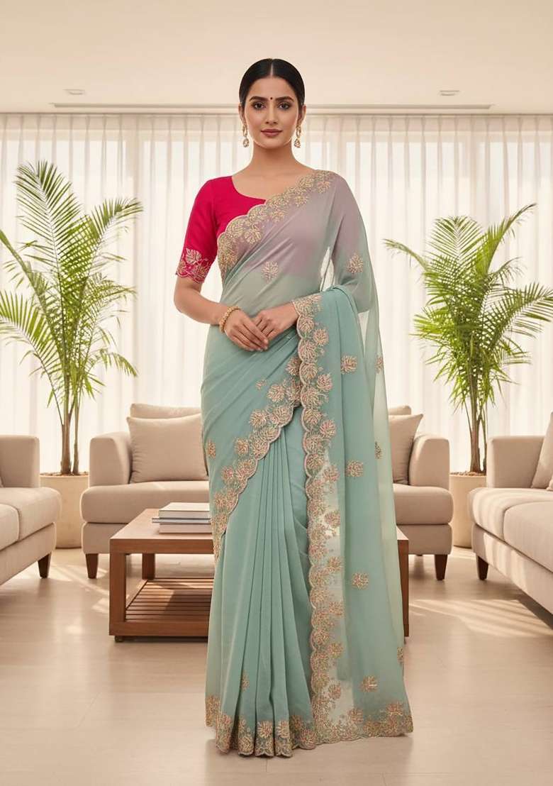 Sea Green Butta Work Chiffon Saree Set - Indya
