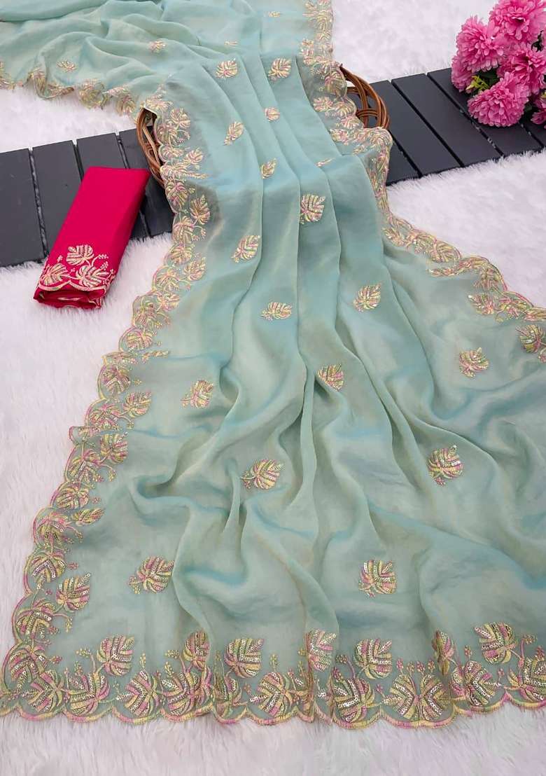 Sea Green Butta Work Chiffon Saree Set - Indya