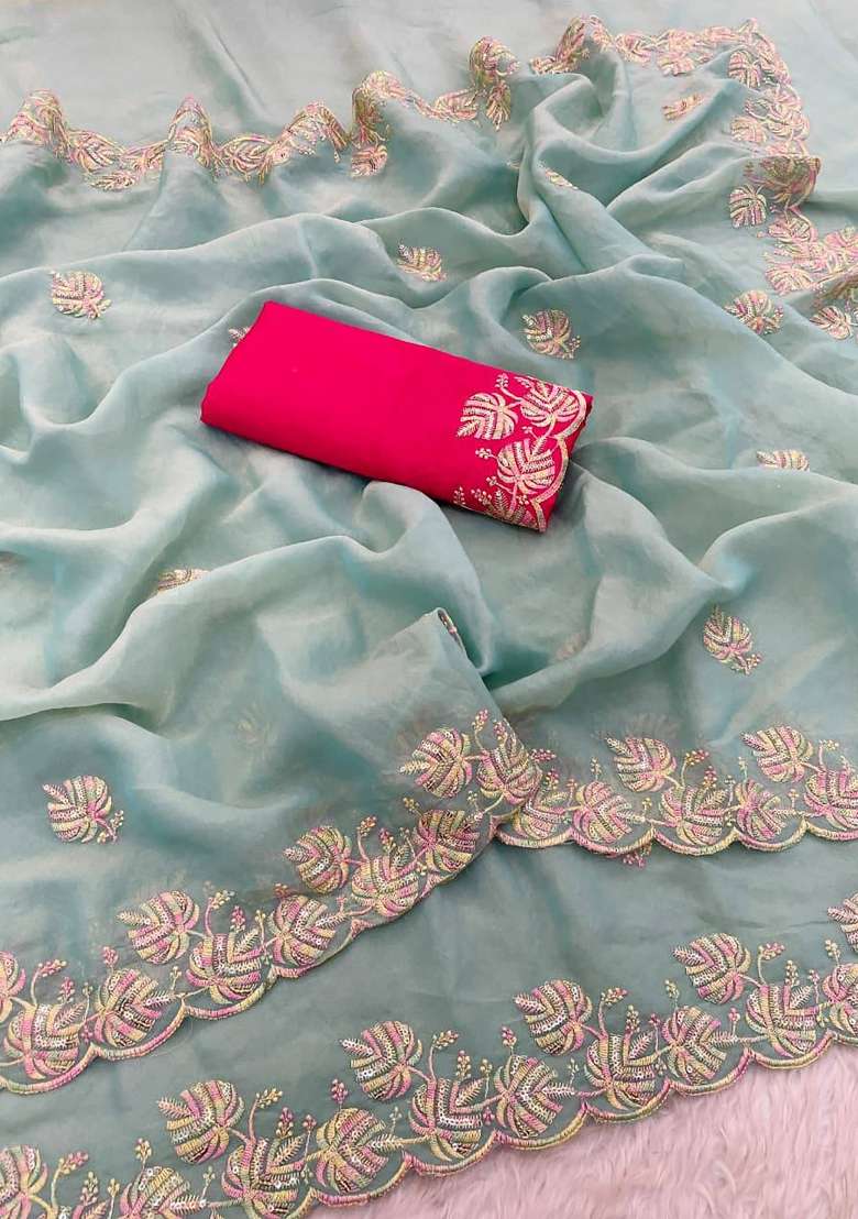 Sea Green Butta Work Chiffon Saree Set - Indya