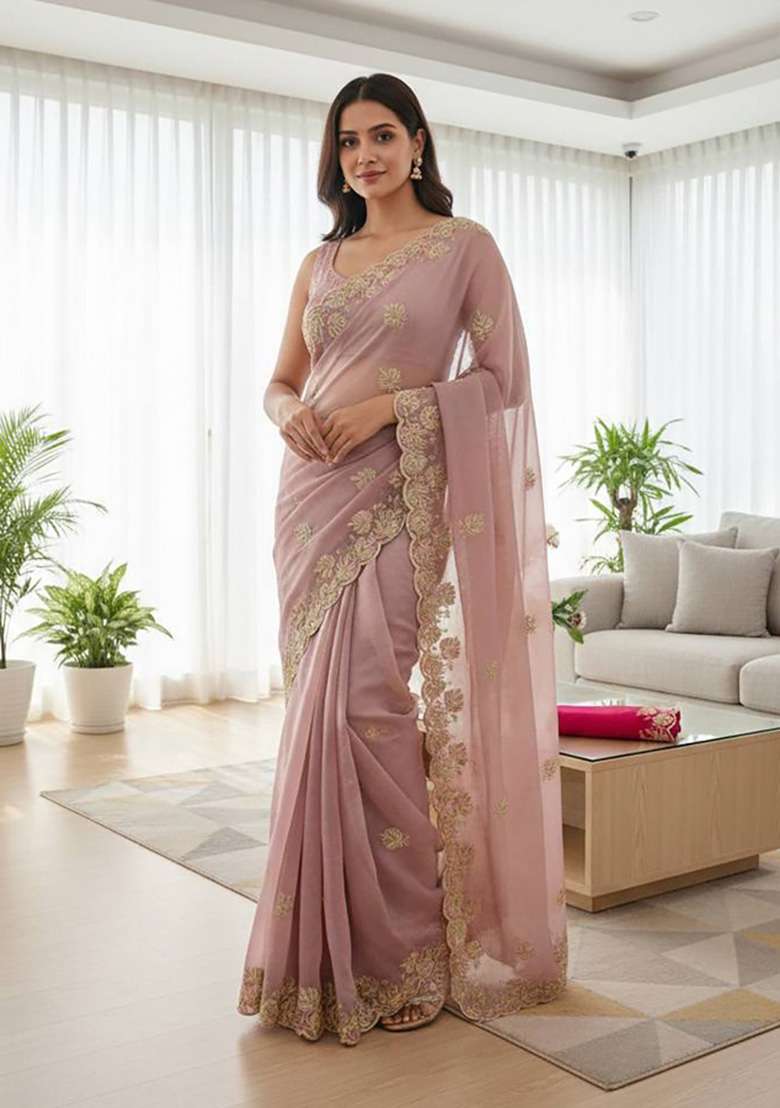 Lavender Butta Work Chiffon Saree Set - Indya