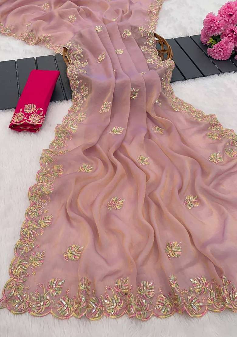 Lavender Butta Work Chiffon Saree Set - Indya