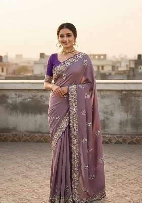 Dusty Purple Floral Print Silk Saree Set