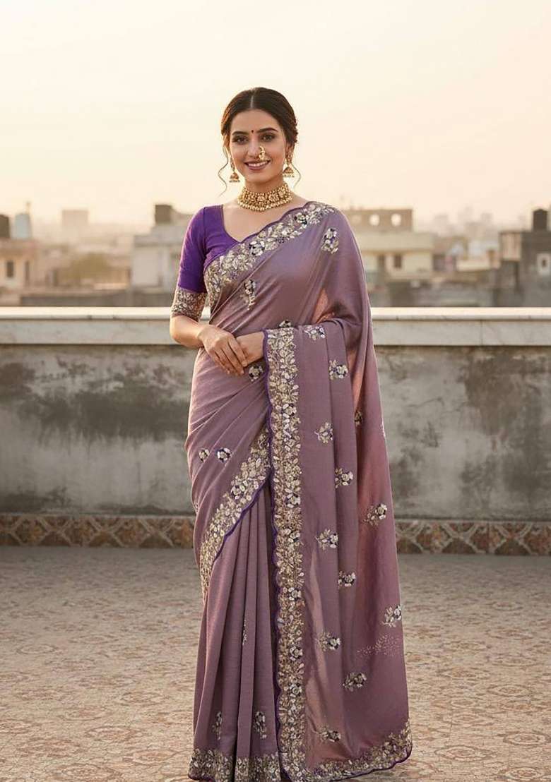 Dusty Purple Floral Print Silk Saree Set - Indya