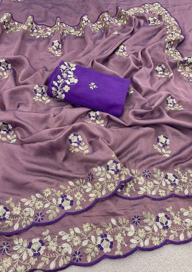 Dusty Purple Floral Print Silk Saree Set - Indya