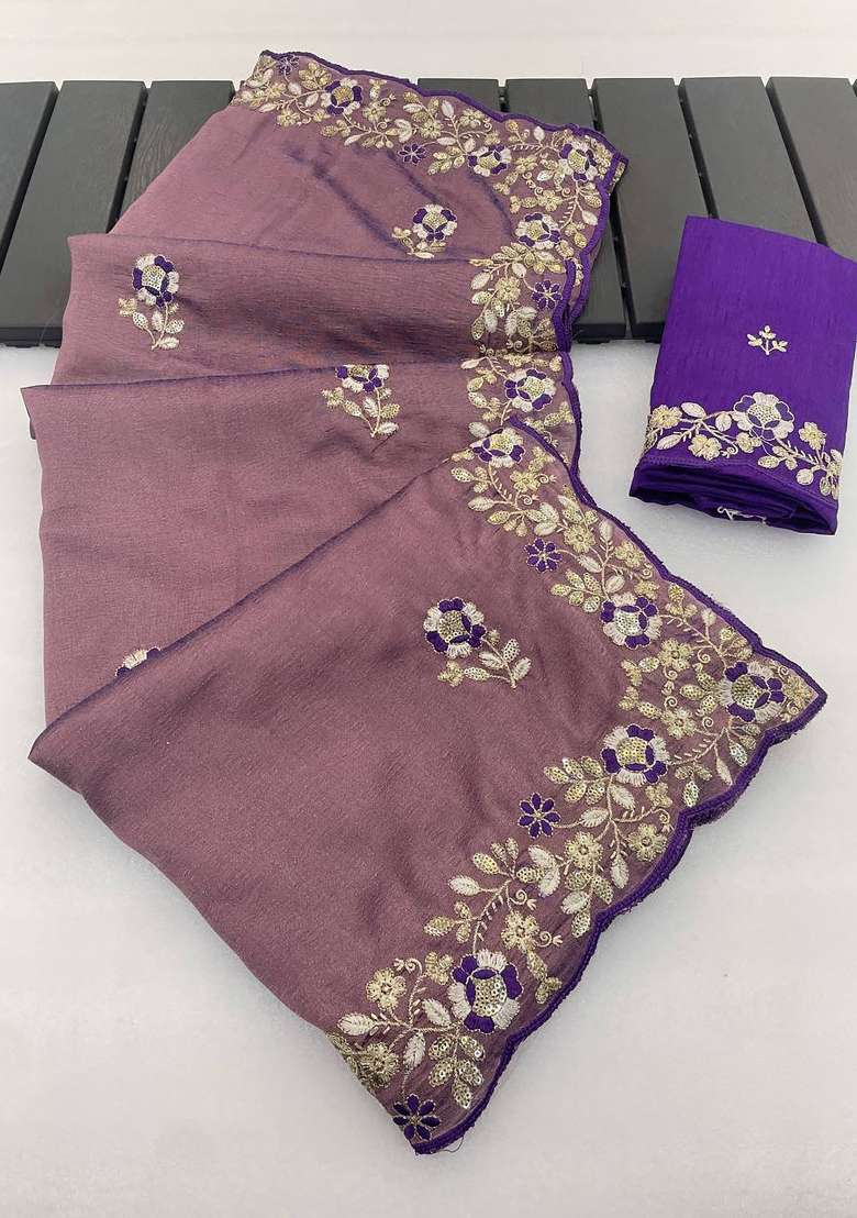 Dusty Purple Floral Print Silk Saree Set - Indya