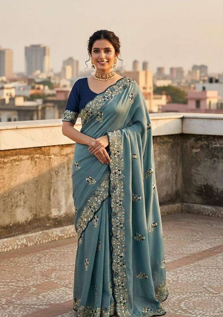 Slate Blue Floral Print Silk Saree Set - Indya